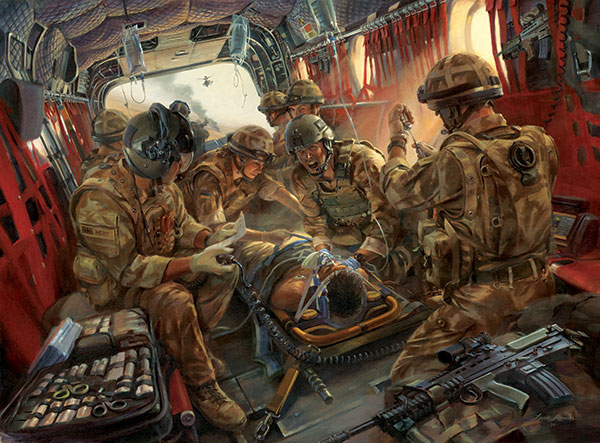 Painting, medics treating a wounded soldier onboard a plane